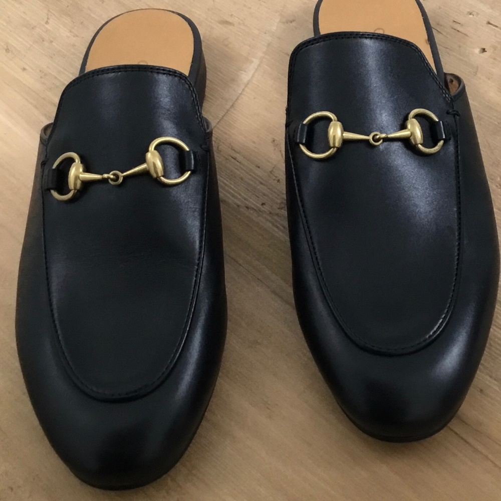 Gucci Black Leather Horsebit Backless Loafers with Gold Tone Hardware